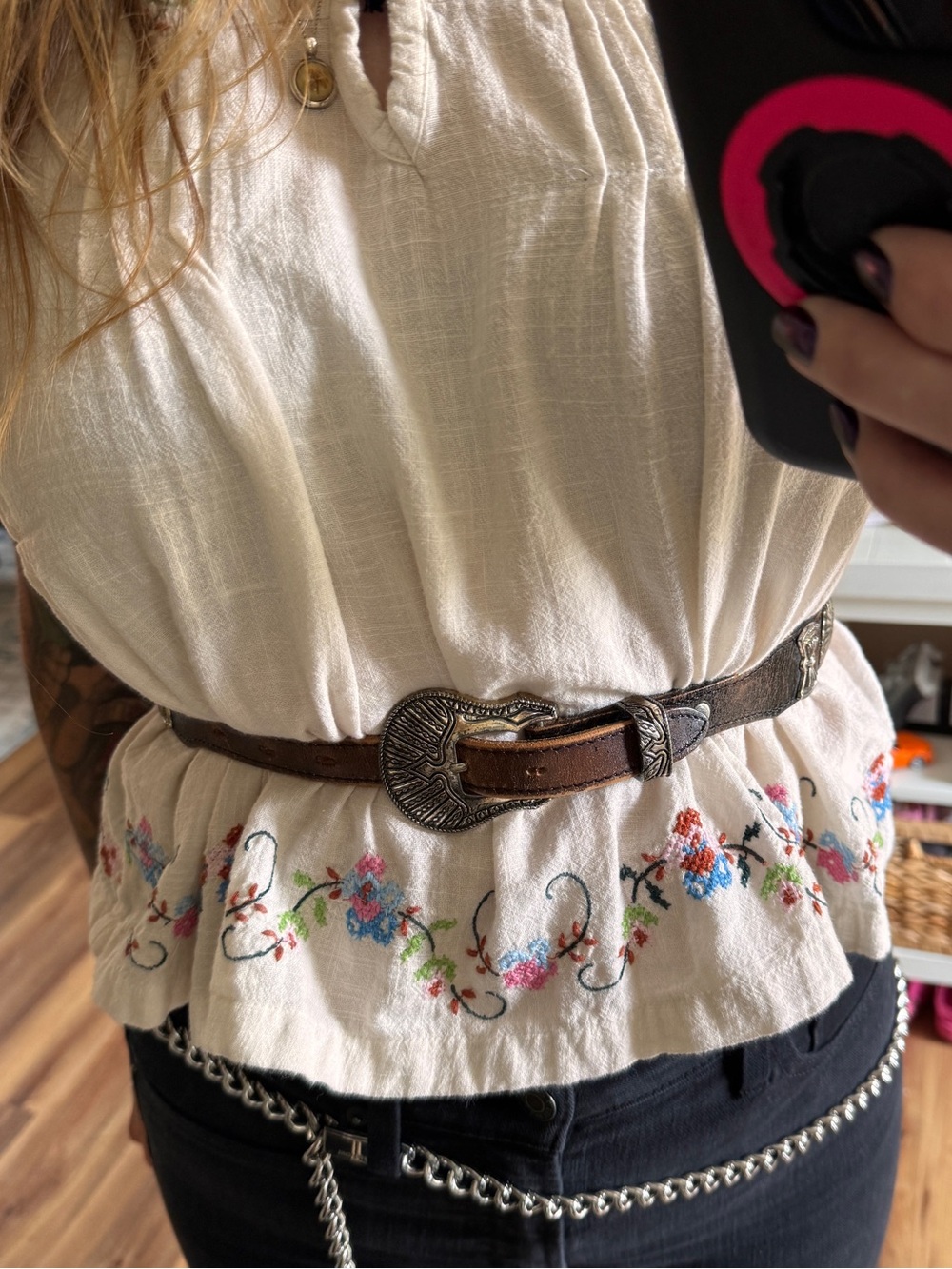Vintage Dun Dee Western Leather Belt with Decorative Silver Buckle and Conches